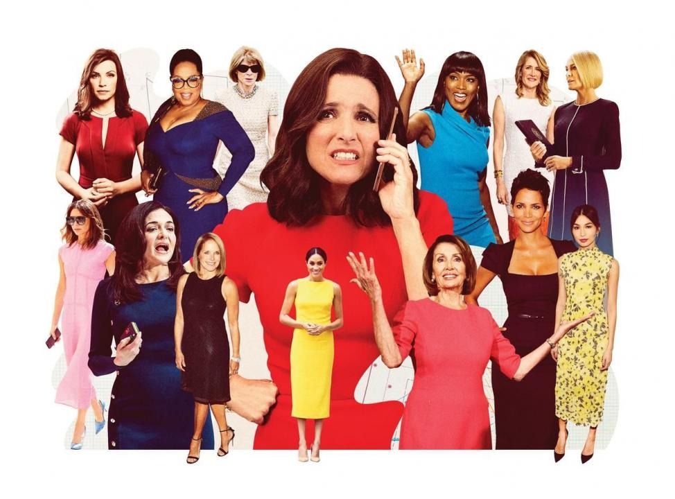 Женщины XXI века, которые носят деловые платья в жизни (по часовой стрелке, начиная с верхнего левого угла): Джулианна Маргулис в роли Алисии Флоррик в фильме «Хорошая жена»; Опра Уинфри; Анна Винтур; Джулия Луи-Дрейфус в роли Селины Мейер в «Вице-президенте»; Анжела Бассетт; Лора Дерн; Робин Райт в роли Клэр Андервуд в «Карточном домике»; Джемма Чан; Холли Берри; Нэнси Пелоси; Меган Маркл; Кэти Курик; Шерил Сэндберг; Виктория Бекхэм. Фото: Sean Mccabe