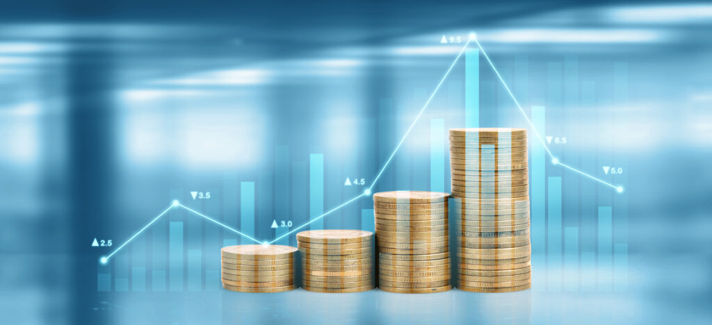 Graph stock market. Pile of Coins on stacks. investment and saving concept