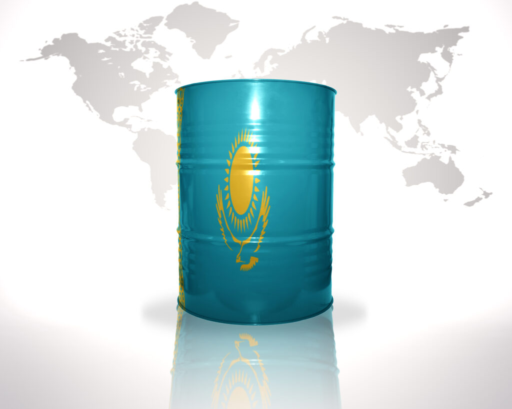 barrel with kazakhstan flag on the world map background