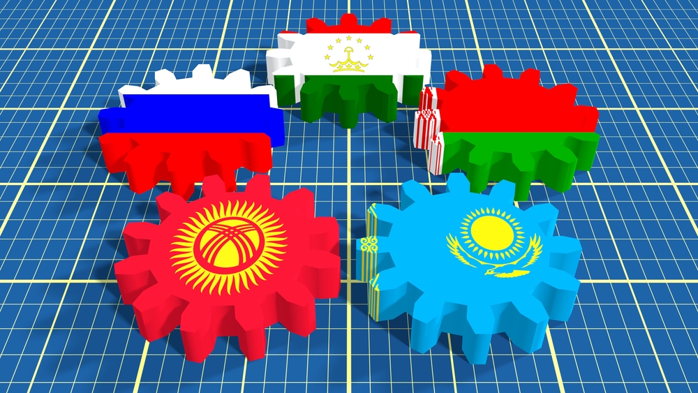 Eurasian Economic Community association of six national economies members flags on cog wheels. Blueprint backdrop