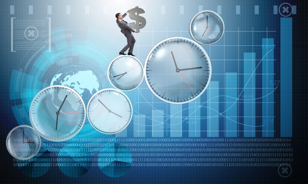 Time is money concept with businessman holding dollar