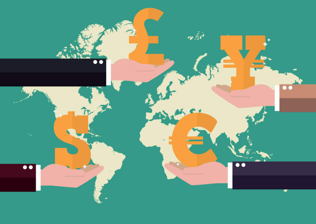 Currency exchange concept with world map background. Business concept