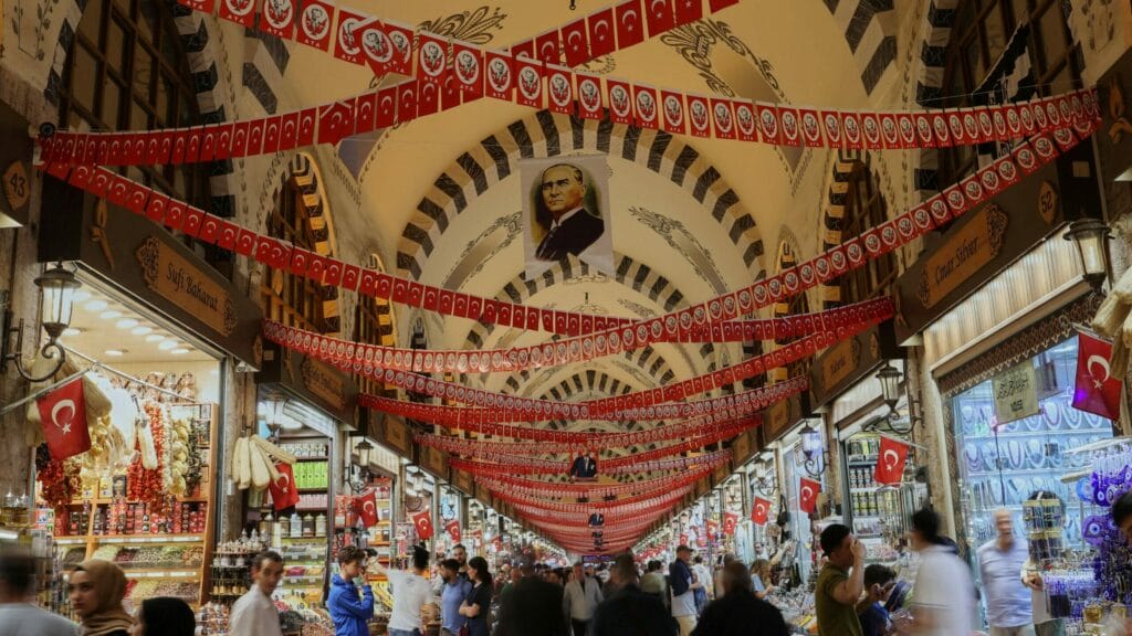 Spice Market also known as the Egyptian Bazaar is decorated with Turkish flags and posters of modern Turkey's founder Mustafa Kemal Ataturk in Istanbul, Turkey November 3, 2023. REUTERS/Murad Sezer