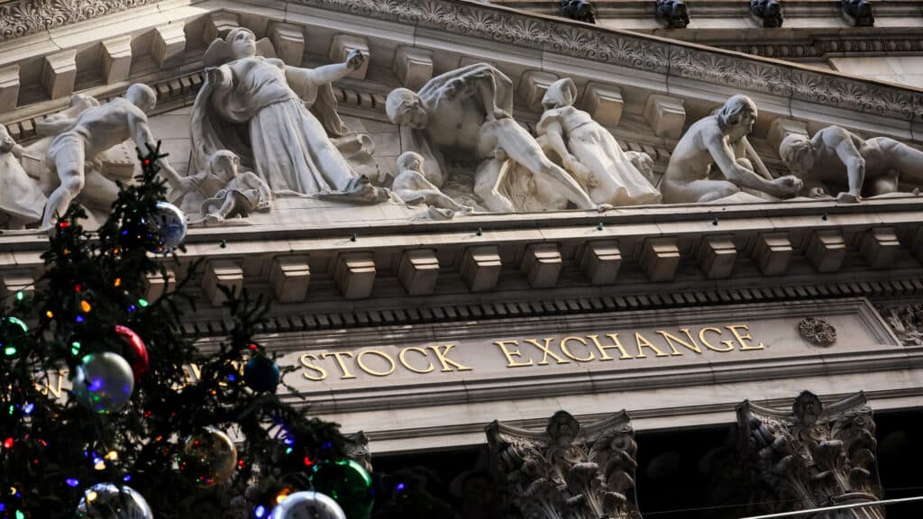 A Christmas tree is seen outside of the New York Stock Exchange (NYSE) in New York City, U.S., December 13, 2023.  REUTERS/Brendan McDermid