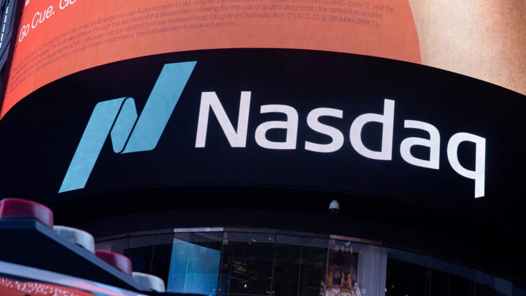 FILE PHOTO: The Nasdaq logo is displayed at the Nasdaq Market site in Times Square in New York City, U.S., December 3, 2021. REUTERS/Jeenah Moon/File Photo/File Photo