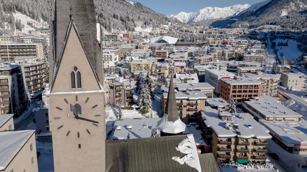 FILE PHOTO: Overview of the town of Davos with the St. Johann church ahead of the annual meeting of the World Economic Forum (WEF), Switzerland, December 7, 2023.  REUTERS/Denis Balibouse/File Photo