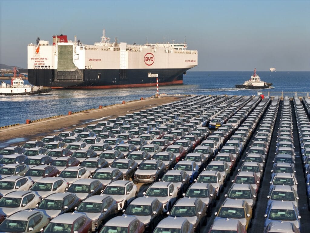 The ''BYD Explorer No. 1'' car carrier, loaded with new energy vehicles, is setting sail from Yantai Port in Yantai, China, on January 10, 2024. (Photo by Costfoto/NurPhoto)NO USE FRANCE