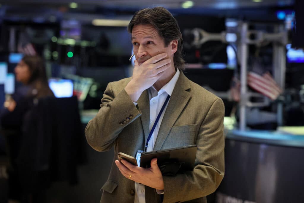 Traders work on the floor at the New York Stock Exchange (NYSE) in New York City, U.S., February 12, 2024.  REUTERS/Brendan McDermid