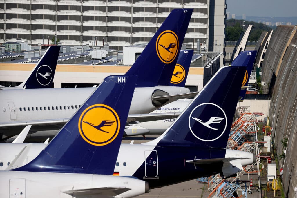 FILE PHOTO: Lufthansa planes are seen parked at Frankfurt Airport, Germany,  June 25, 2020. REUTERS/Kai Pfaffenbach/File Photo
