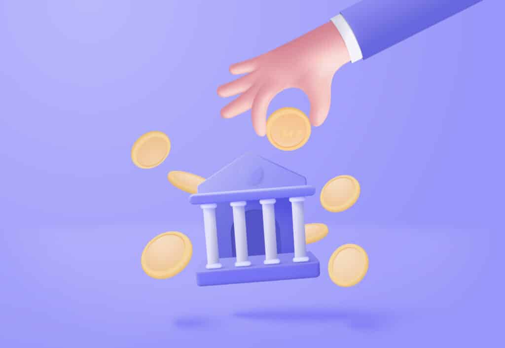 3d minimal bank deposit and withdrawal, transactions money service, banking financial concept. bank building with hand holding coin for saving investment. 3d bank vector render on blue background