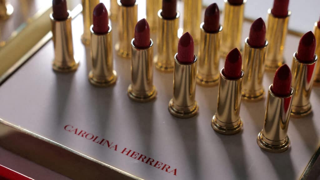 FILE PHOTO: Lipsticks sits backstage at the Carolina Herrera Fall/Winter 2024 collection show during New York Fashion Week, in New York City, U.S., February 12, 2024. REUTERS/Andrew Kelly/File Photo