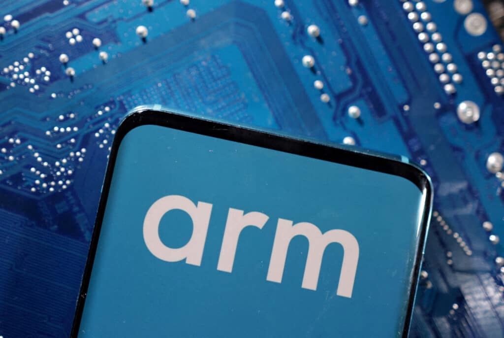 FILE PHOTO: A smartphone with a displayed Arm Ltd logo is placed on a computer motherboard in this illustration taken March 6, 2023. REUTERS/Dado Ruvic/Illustration/File Photo