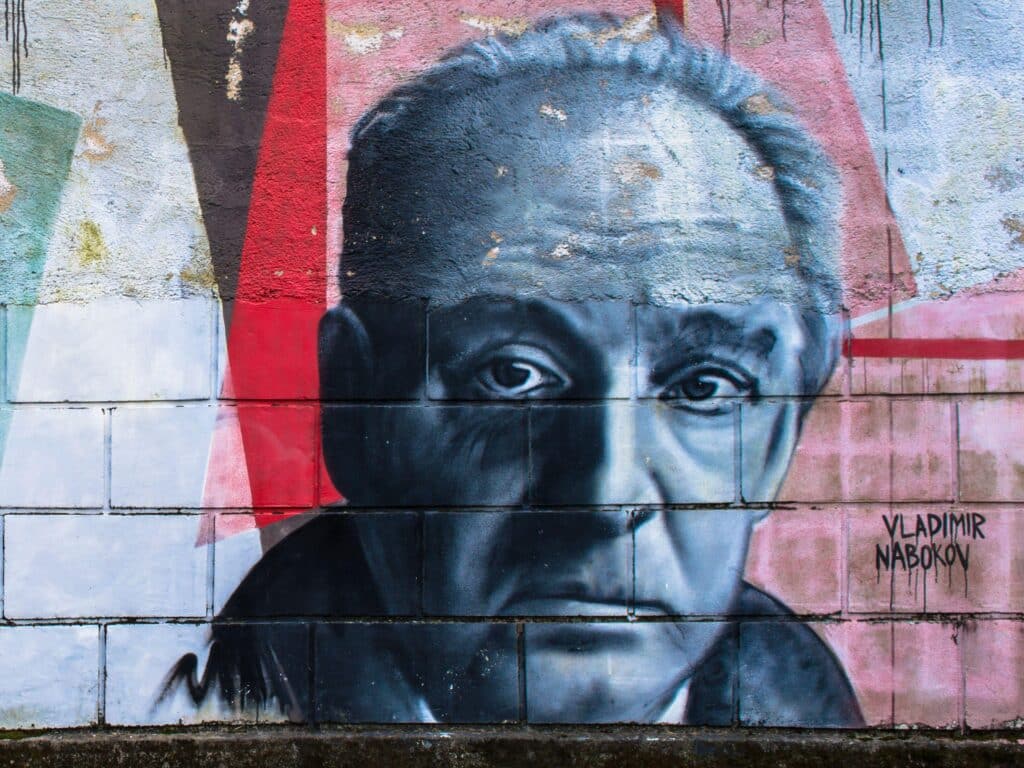 2C6PFW5 Opatija, Croatia - February 9, 2019: Wall of famous in Opatija, Croatia, graffiti of Vladimir Nabokov