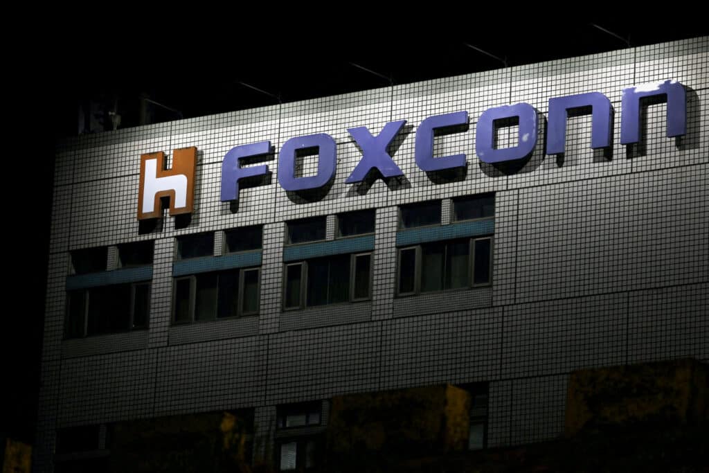 FILE PHOTO: The logo of Foxconn is seen outside the company's building in Taipei, Taiwan November 10, 2022. REUTERS/Ann Wang/File Photo/File Photo