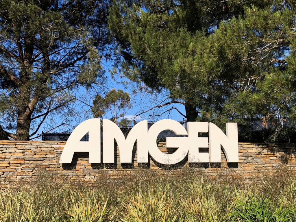 FILE PHOTO: An Amgen sign is seen at the company's headquarters in Thousand Oaks, California, U.S., November 6, 2019. REUTERS/Deena Beasley/File Photo