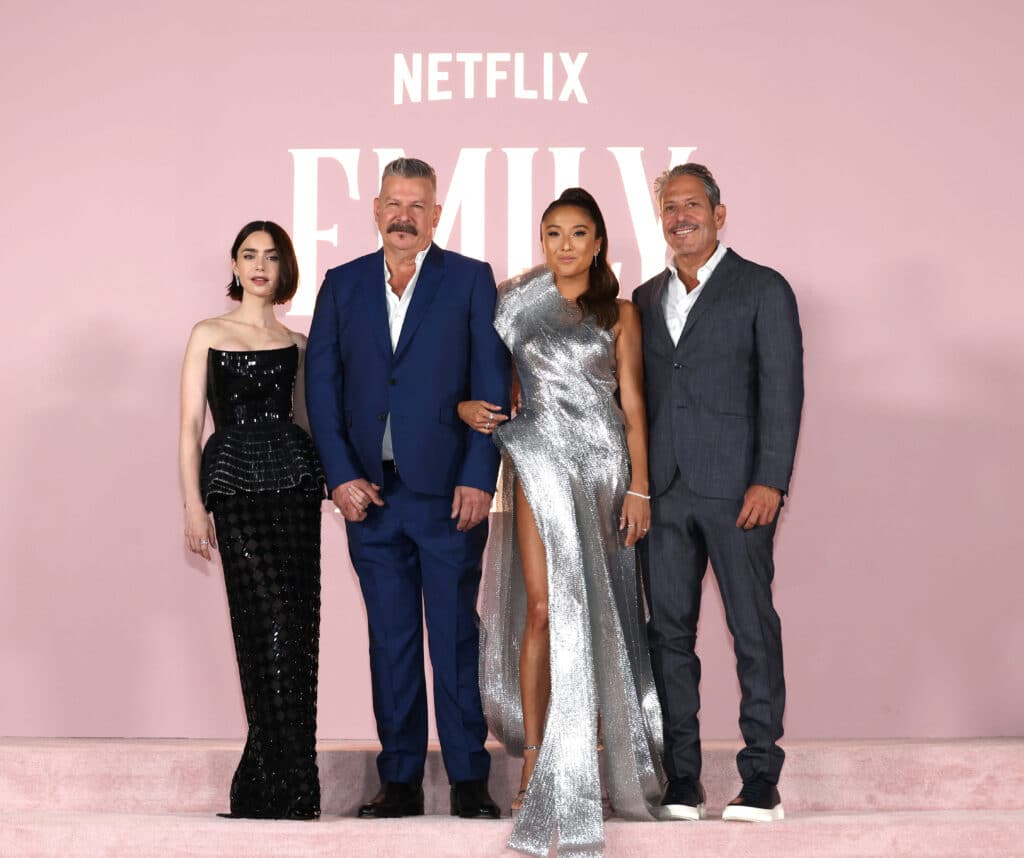 Lily Collins, Ashley Park, Darren Star and Andrew Fleming attend the Premiere for Netflix's "Emily In Paris" Season 4 at The Egyptian Theatre Hollywood in Los Angeles, California, U.S., August 14, 2024.  REUTERS/Aude Guerrucci