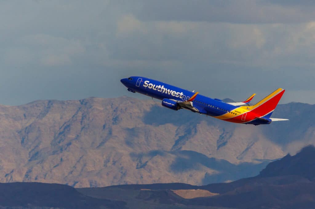 FILE PHOTO: A Southwest commercial airliner takes off from Las Vegas International Airport in Las Vegas, Nevada, U.S., February 8, 2024.  REUTERS/Mike Blake/File Photo