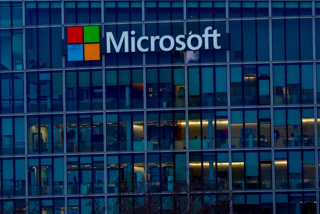 FILE PHOTO: A view shows a Microsoft logo at Microsoft offices in Issy-les-Moulineaux near Paris, France, February 9, 2024. REUTERS/Gonzalo Fuentes/File Photo