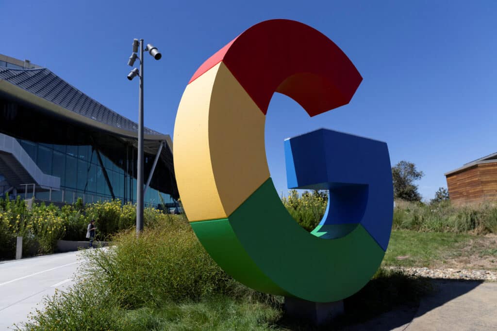 FILE PHOTO: The logo of Google is seen outside Google Bay View facilities during the Made by Google event in Mountain View, California, U.S. August 13, 2024. Google unveils a new line of Pixel smartphones, plus a new smart watch and wireless earbuds at its annual hardware event. REUTERS/Manuel Orbegozo/File Photo