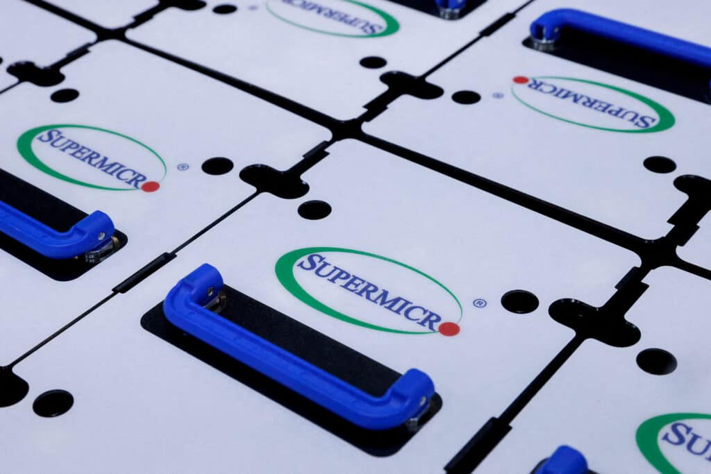 FILE PHOTO: Logos of Super Micro Computer are pictured at COMPUTEX Taipei, one of the world's largest computer and technology trade shows, in Taipei, Taiwan May 30, 2023. REUTERS/Ann Wang/File Photo/File Photo