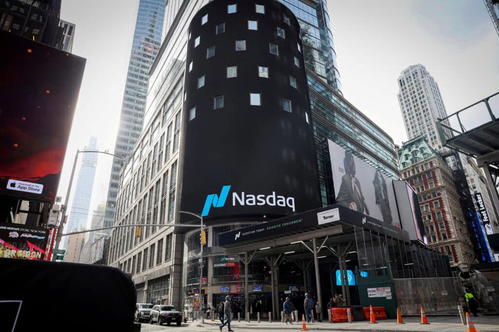 FILE PHOTO: The Nasdaq Market site is seen outside the Nasdaq Market site in New York City, U.S., March 26, 2024.  REUTERS/Brendan McDermid/File Photo