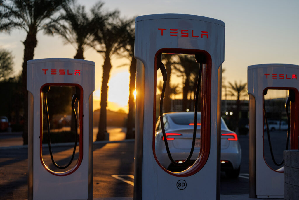 Tesla super chargers are shown at a supercharging location in Indio, California, U.S., October 12, 2024. REUTERS/Mike Blake