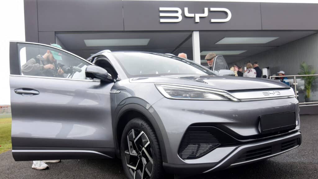 FILE PHOTO: Members of the press and the general public check out the Atto 3 electric SUV made by Chinese carmaker BYD, at the Fully Charged Live electric vehicle trade show in Farnborough, Britain, April 28, 2023. REUTERS/Nick Carey/File Photo