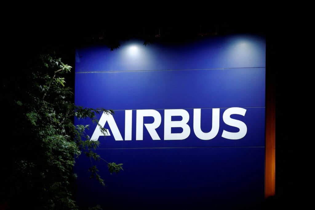 FILE PHOTO: A logo of Airbus is seen at the entrance of its factory in Blagnac near Toulouse, France July 2, 2020. REUTERS/Benoit Tessier/File Photo