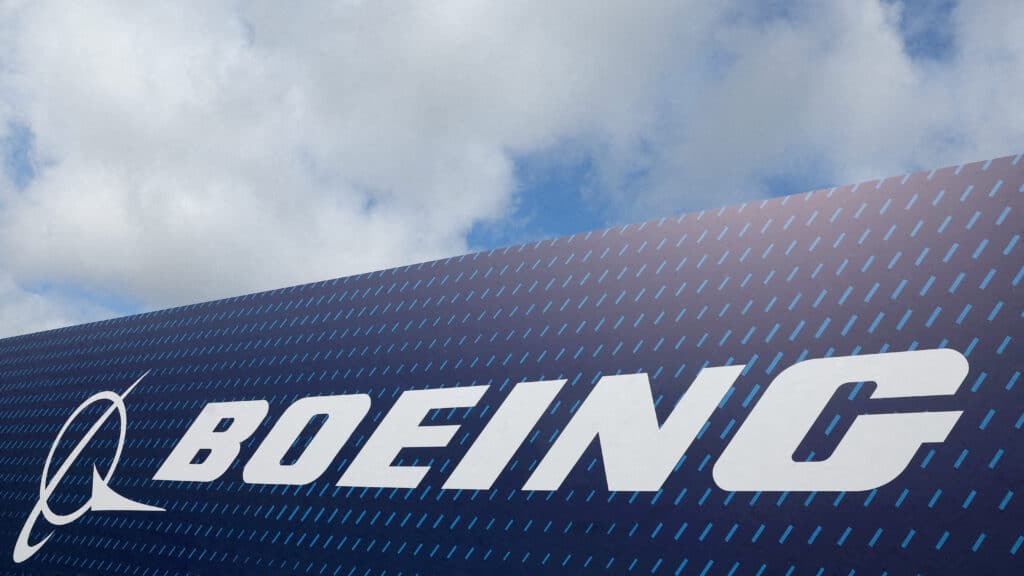FILE PHOTO: Boeing branding is seen at the Farnborough International Airshow in Farnborough, Britain, July 22, 2024. REUTERS/Toby Melville/File Photo
