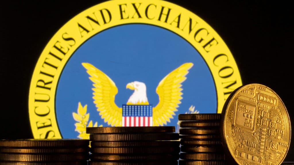 FILE PHOTO: U.S. Securities and Exchange Commission logo and representations of cryptocurrency are seen in this illustration taken June 6, 2023. REUTERS/Dado Ruvic/Illustration/File Photo