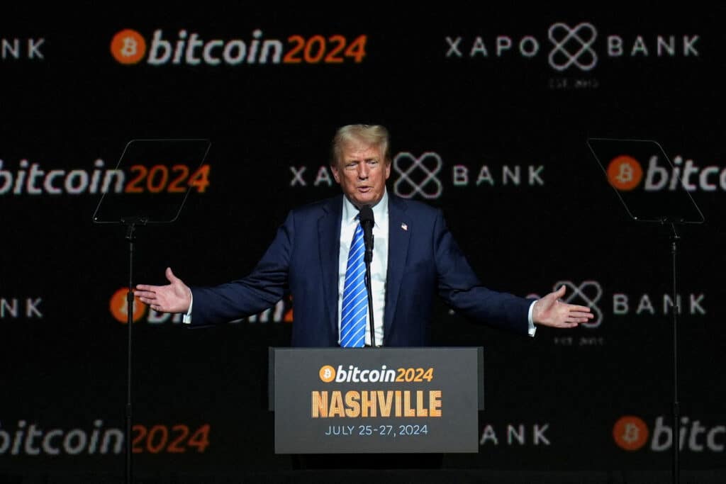 FILE PHOTO: Republican presidential nominee and former U.S. President Donald Trump speaks at the Bitcoin 2024 event in Nashville, Tennessee, U.S., July 27, 2024. REUTERS/Kevin Wurm/File Photo