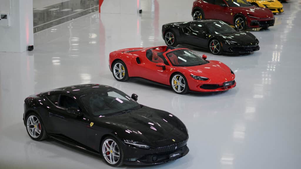 FILE PHOTO: Ferrari cars are pictured at Ferrari's new 'e-building' facility where the luxury sportscar maker is testing lines before an expected start of car production in early 2025, in Maranello, Italy, June 21, 2024. REUTERS/Daniele Mascolo/File Photo