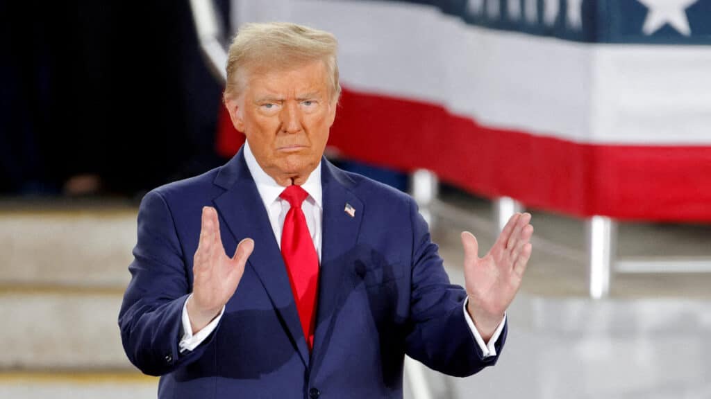 FILE PHOTO: Republican then-presidential candidate and former U.S. President Donald Trump gestures during a campaign event at Dorton Arena, in Raleigh, North Carolina, U.S. November 4, 2024.   REUTERS/Jonathan Drake/File Photo