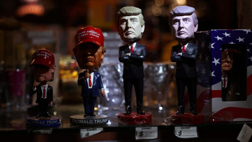 Bobbleheads of U.S. President-elect Donald Trump sit inside a novelty shop in Trump Tower in New York City, U.S., November 14, 2024. REUTERS/Shannon Stapleton