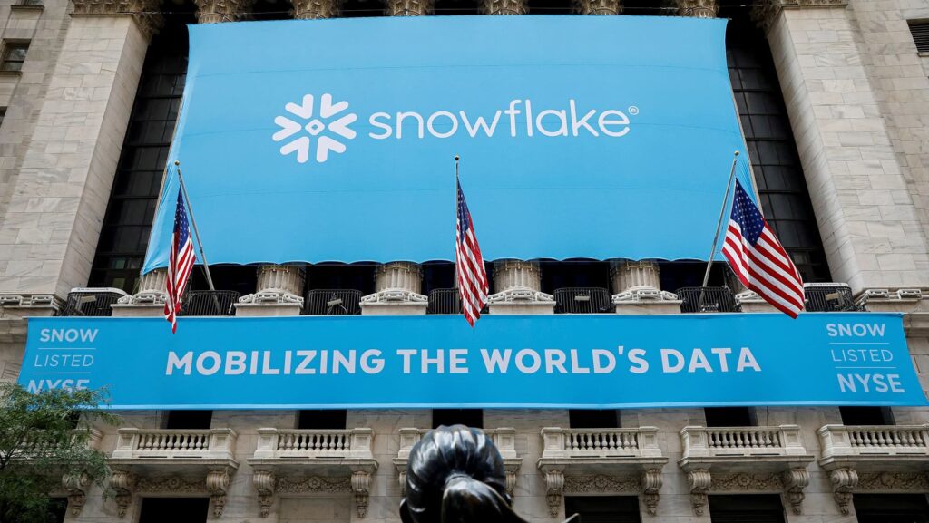 FILE PHOTO: A banner for Snowflake Inc. is displayed celebrating the company's IPO at the New York Stock Exchange (NYSE) in New York, U.S., September 16, 2020. REUTERS/Brendan McDermid/File Photo