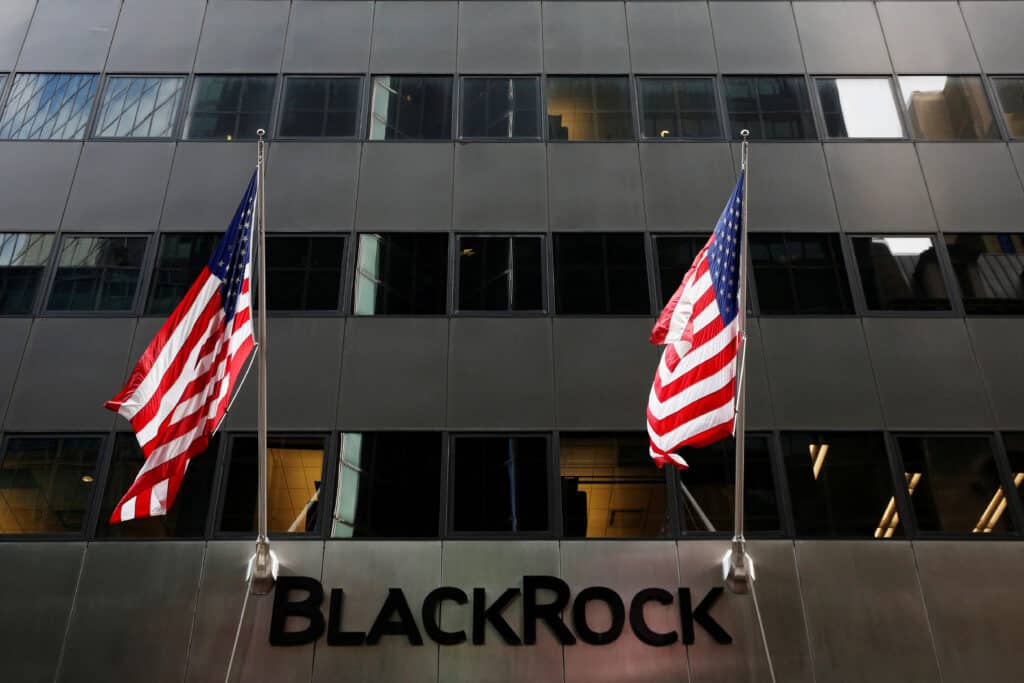 FILE PHOTO: The BlackRock logo is seen outside of its offices in New York City, U.S., October 17, 2016.  REUTERS/Brendan McDermid/File Photo