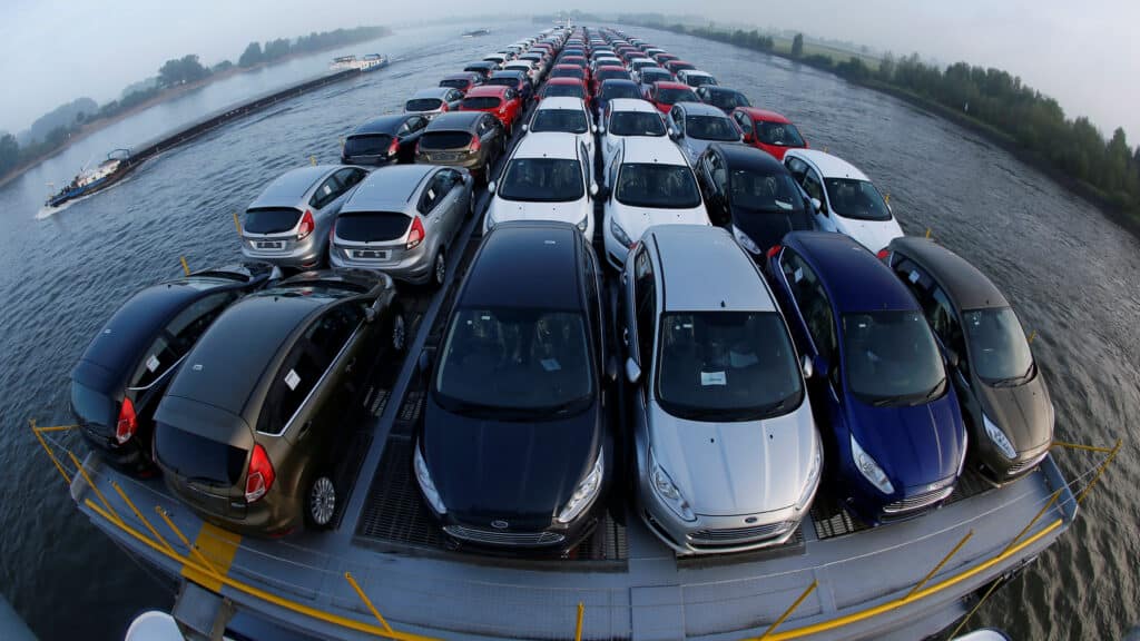 FILE PHOTO: Newly manufactured Ford Fiesta cars are seen on the deck of the car transport ship "Tossa" as it travels along the Rhine, from a Ford plant in the German city of Cologne to the Dutch seaport of Vlissingen, close to Emmerich in Germany September 13, 2013. REUTERS/Wolfgang Rattay/File Photo
