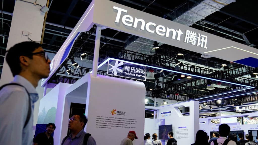 FILE PHOTO: A Tencent sign is seen at the World Artificial Intelligence Conference in Shanghai, China July 6, 2023. REUTERS/Aly Song/File Photo