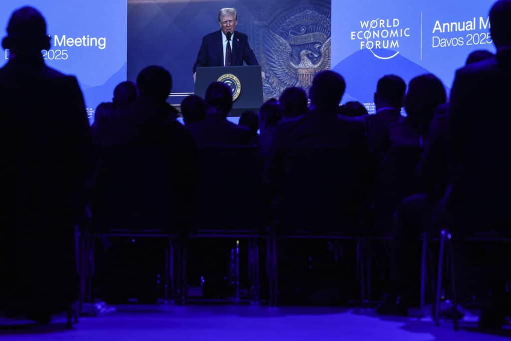 U.S. President Donald Trump makes a special address remotely during the 55th annual World Economic Forum (WEF) meeting in Davos, Switzerland, January 23, 2025. REUTERS/Yves Herman
