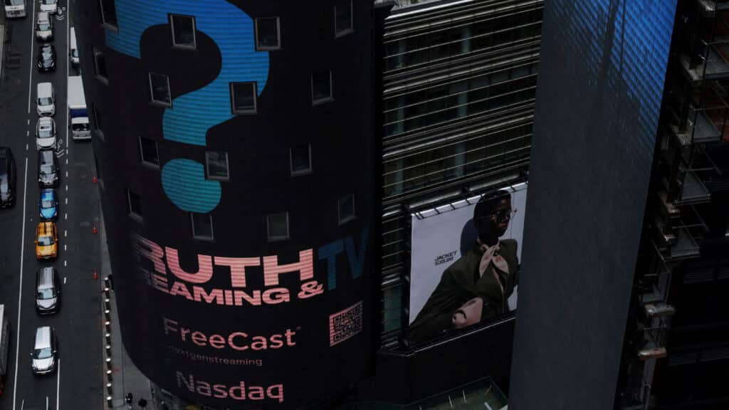 FILE PHOTO: The Nasdaq Market site is seen on the day that shares of Truth Social and Trump Media &amp; Technology Group start trading under the ticker "DJT", in New York City, U.S., March 26, 2024. REUTERS/Shannon Stapleton/File Photo