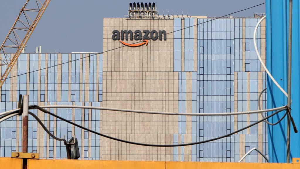 An Amazon logo is seen on the facade of its corporate office building in Hyderabad, India, January 29, 2025. REUTERS/Almaas Masood