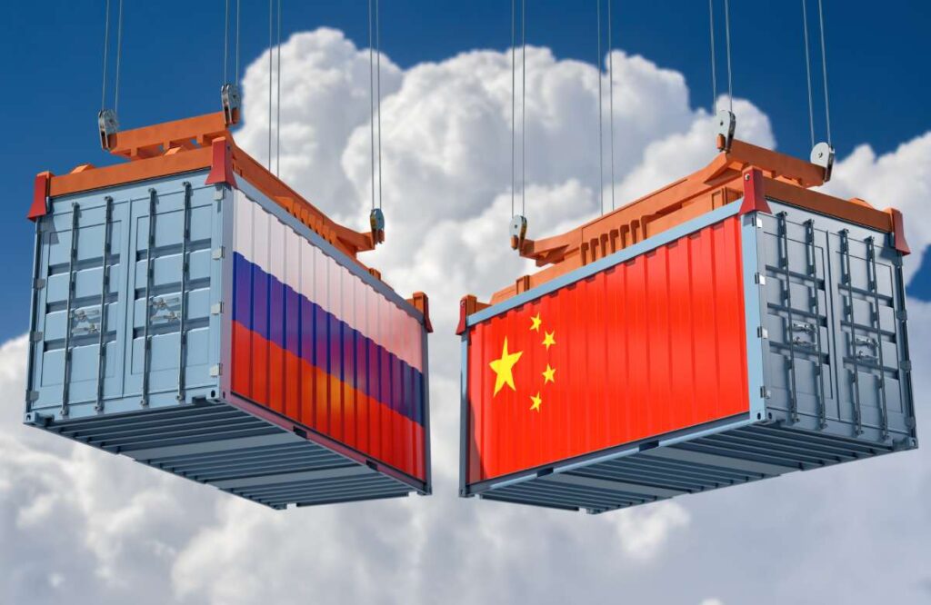 Freight containers with Russia and China flag. 3D Rendering