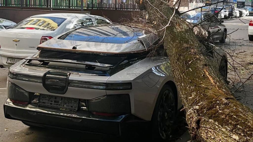 В Алматы китайский спорткар придавило деревом