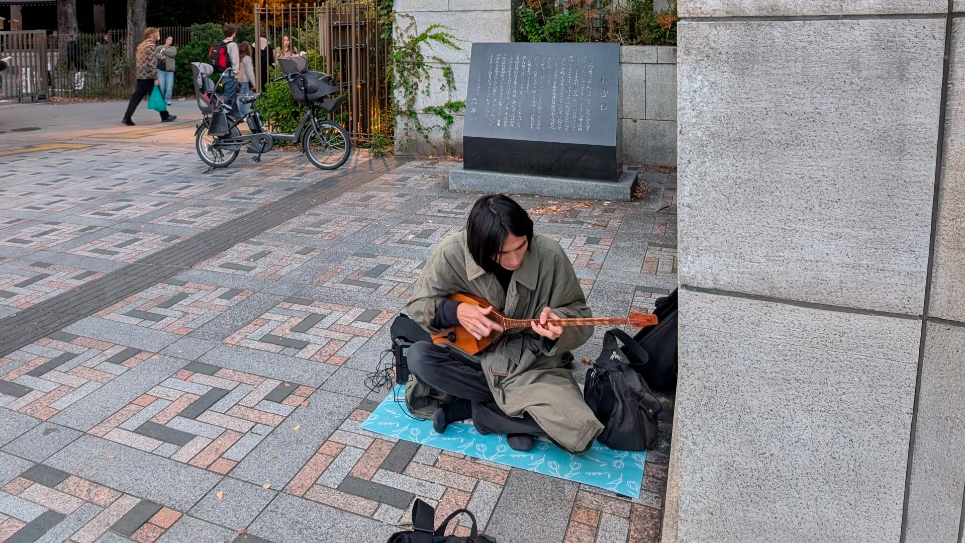 Японский уличный музыкант играет на домбре в Токио