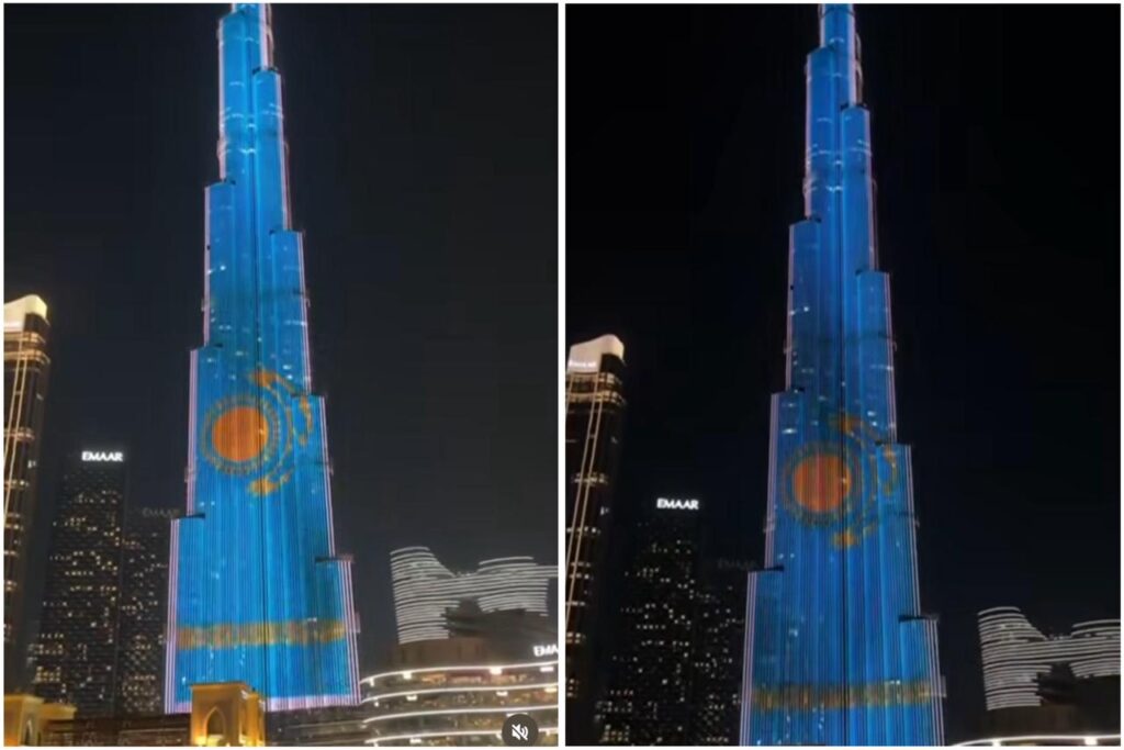 Әлемдегі ең биік ғимарат – Бурдж-Халифа Қазақстанның көк туымен боялды