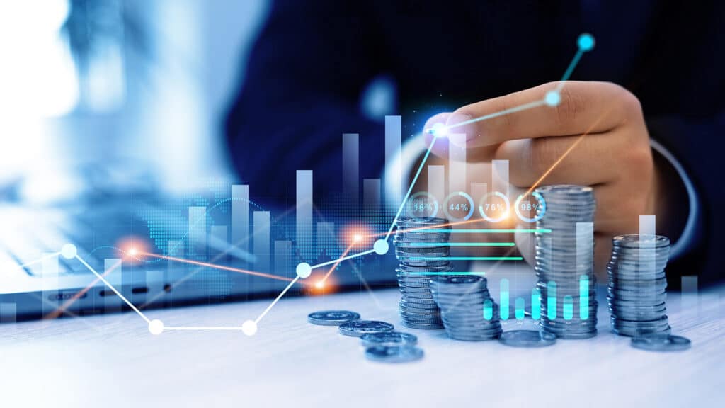 Money business financial graph diagram of coin. Financial growth data or investment market profit bar and success report.Saving money concept.Stack of coins with trading price graph growth.