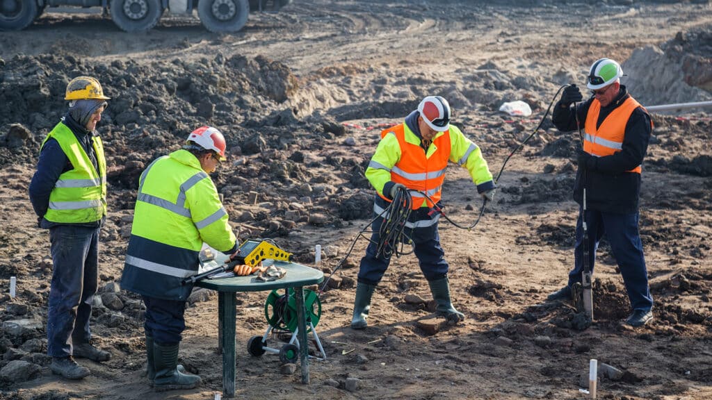 BELGRADE, SERBIA - DECEMBER 12, 2015: Engineers and soil technicians driling for detection of magnetic anomalies with borhole detection. Site investigations for the Belgrade Waterfront project.