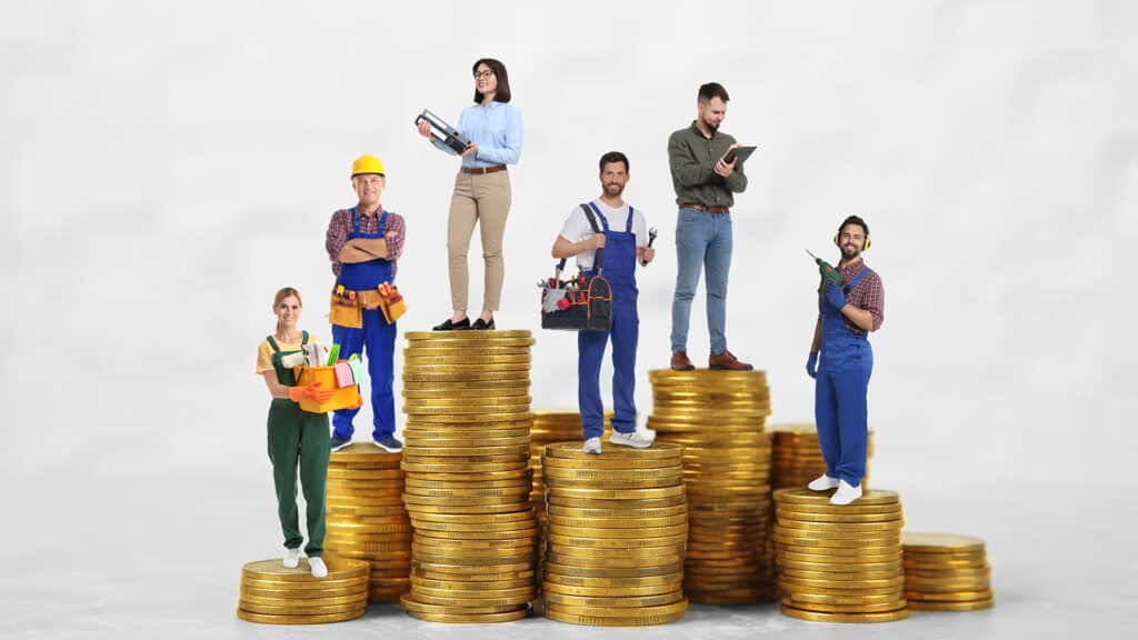 People of various professions on stacks of coins of different height against white background