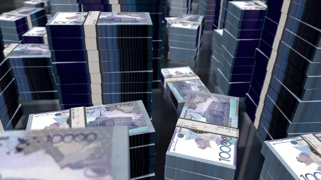 Kazakh Tenge money pack 3d illustration. KZT banknote bundle stacks. Concept of finance, cash, economy crisis, business success, recession, bank, tax and debt in Kazakhstan.