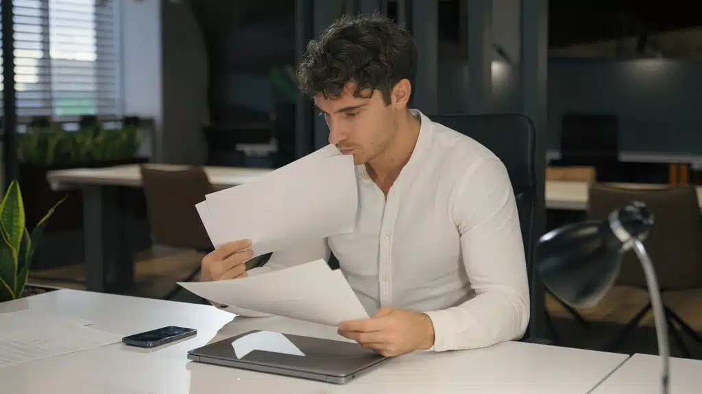 Caucasian busy concentrated business man work in office guy businessman male working paperwork check documents financial stats data papers read managing income company corporate budget financial job